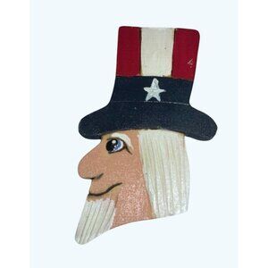 Handcrafted Uncle Sam Wood Patriotic Brooch Pin Red White Blue Vintage Accessory